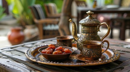 Fototapeta premium Qahwa and Dates Served in a Traditional Middle Eastern Setting Symbolizing Hospitality and Cultural Traditions