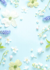 Flat lay frame from spring flowers on a light blue background. View from above, copy space. Beautiful floral frame. Springtime. aesthetics photo