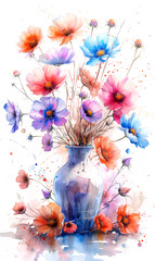 Vase with flowers. Watercolor painting.