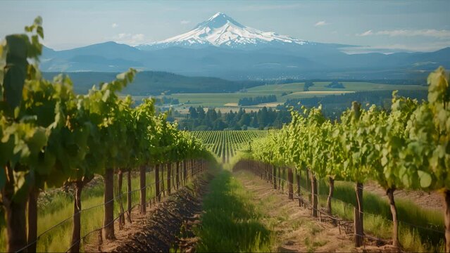 Serene beauty of vineyards in the USA, styled traditionally and framed against a stunning mountainous background. Rows of lush grapevines bathed in sunlight, with the majestic mountains
