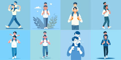 Happy Father’s Day concept vector illustration. Dad carry his son on shoulder in flat design.