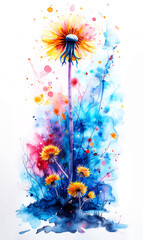 Watercolor floral background with dandelions and watercolor blots.