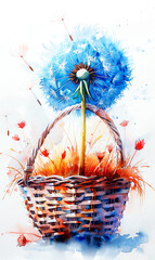 Basket with dandelions on a white background. Digital watercolor painting