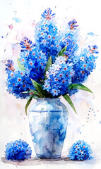 Bouquet of blue hyacinths in a vase on a white background.