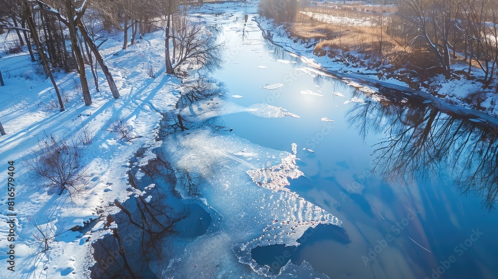 Aufkleber ice melting and cracking on river with aerial drone view on sunny spring morning displaying ice and 