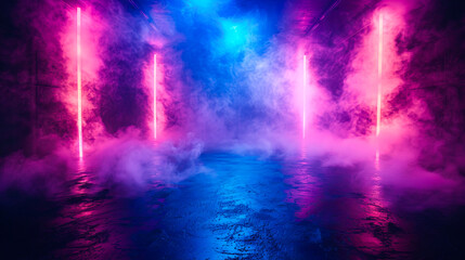 Empty Stage with Neon Lights and Smoke

