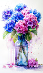 Watercolor painting of hydrangea flowers in vase.