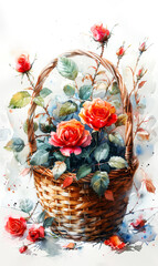 Basket with red roses on a white background. Watercolor painting.
