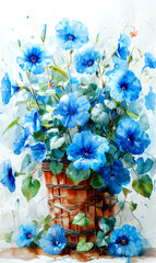 Blue flowers in a basket on a white background, watercolor painting.