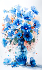 Blue flowers in a blue vase on a white background. Watercolor painting.