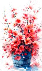 Bouquet of cherry blossom flowers in vase on white background.