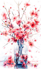 Watercolor cherry blossom tree in vase on white background.