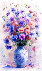 Bouquet of blue and pink cornflowers in a vase on a white background.