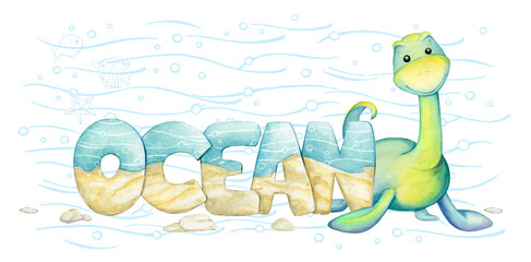 Dinosaur text ocean. watercolor clipart