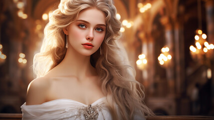 Fototapeta premium Beautiful young woman with long golden hair wearing a white evening dress In the event hall or palace