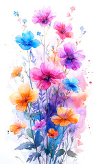 Watercolor floral background with colorful flowers. Painted watercolor illustration.