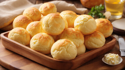 The image depicts several small, round bread rolls on a wooden table. Some are in a bowl, some are...