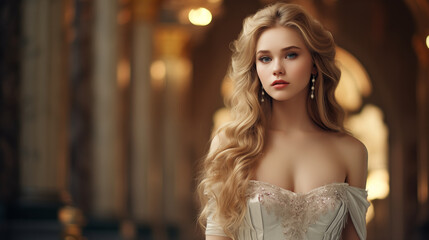 Fototapeta premium Beautiful young woman with long golden hair wearing a white evening dress In the event hall or palace