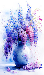 Watercolor bouquet of purple wisteria in a vase.