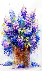 Bouquet of blue lupins in a basket. Watercolor painting.