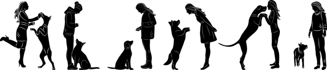 housewife and dog silhouette on white background vector