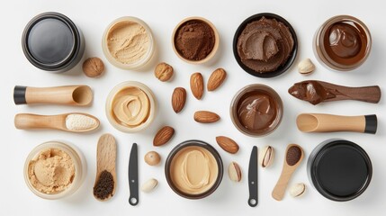 Assortment of Artisanal Nut Butter Spreads in Open Jars with Utensils