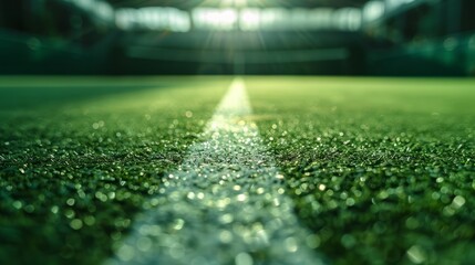 Naklejka premium Close-up on the textured green carpet of a dawn-lit tennis court, ready for the swift moves and strategic plays of a club tournament.