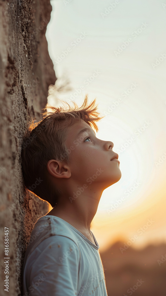 Poster Young Boy Confronted by Unscalable Wall at Sunset  