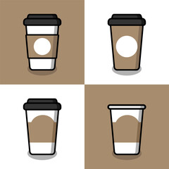 disposable white and brown paper coffee cup with cap icon set, isolated on white and brown background, vector illustration