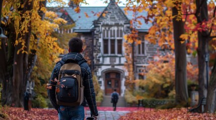 Fototapeta premium A college student walking across a beautiful campus in autumn