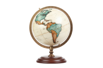 Miniature Earth on an Elegant Wooden Pedestal on White or PNG Transparent Background.