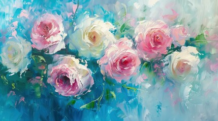 Abstract oil painting of pink and white roses flowers on a blue background.