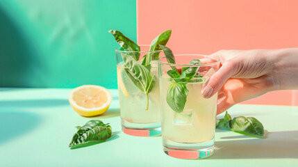Female hand and glasses of lemonade with basil 