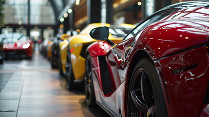Luxury expensive sports cars stand in a car showroom