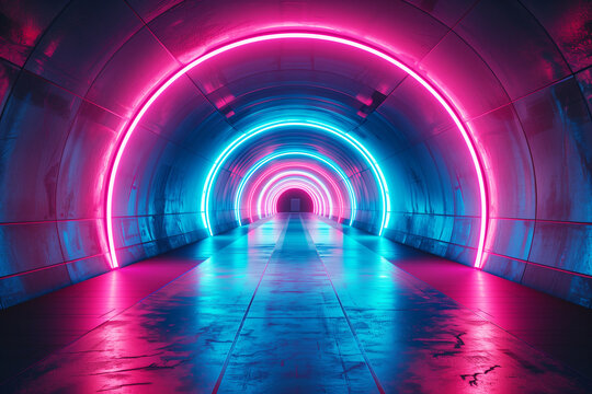 A futuristic neon tunnel with a blue and pink light