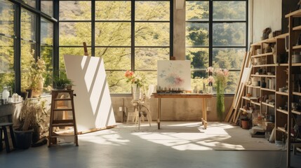 A large open studio with a white canvas on the wall