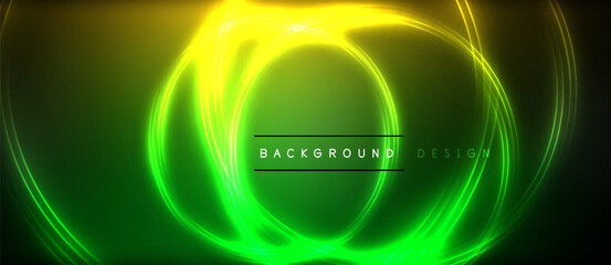 Neon glowing circle rays, light round lines in the dark, planet style neon wave lines. Energetic electric concept design for wallpaper, banner, background