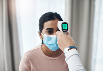 Girl, sick and doctor with digital thermometer to monitor temperature, sensor and face mask for...