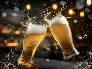 Two glasses of beer in cheers gesture, splashing out. Dark cozy pub background.