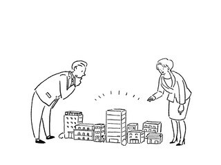 街の模型を指を指すスーツの女性と、スーツ姿の男性、線画
