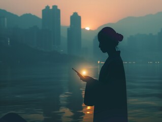 Obraz premium A silhouette of a woman holding a smartphone by the water at sunset, with city buildings and mountains in the background, creating a serene and contemplative atmosphere