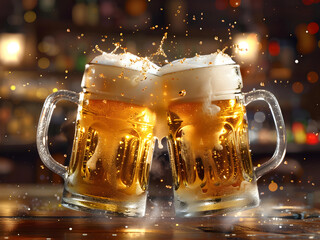 Two mugs of beer in cheers gesture, splashing out. Dark cozy pub background.