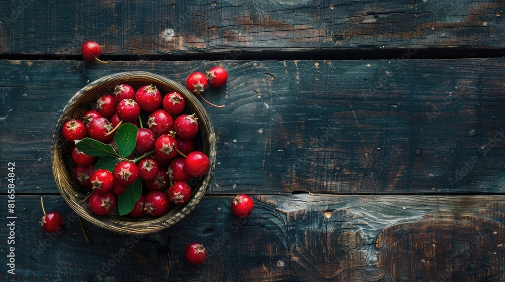 Poster hawthorn berry in a container on dark wooden surface with room for text overhead view