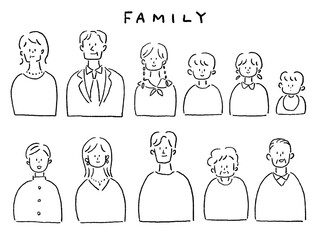 赤ちゃん、子供、若者、シニア、高齢者（家族）の上半身11人（両親、祖父母、子供、赤ちゃん、夫婦）、線画
,線画