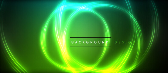 Neon glowing circle rays, light round lines in the dark, planet style neon wave lines. Energetic electric concept design for wallpaper, banner, background