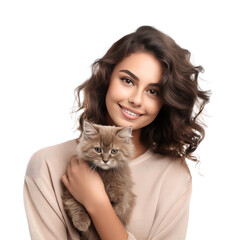 woman with cat isolated on white