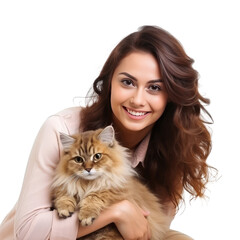 woman with cat isolated on white