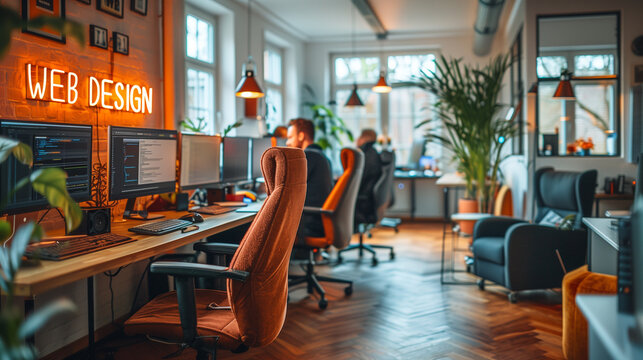 A modern web design office with developers working at desks, monitors displaying code. Clean layout with contemporary furniture, large windows, softbox lights. "WEB DESIGN" text on the wall;