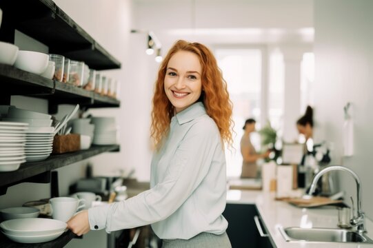 smiling woman in office kitchen