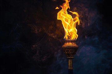 A torch with bright flames burning against a dark black backdrop, casting a fiery glow